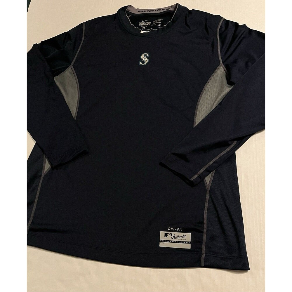 Nike Seattle Mariners MLB Pro Combat Fitted Long Sleeve Baseball Shirt LARGE Dri
